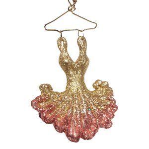 Vintage Gold & Pink Glitter Resin Dress Ornament With Gold Brass Hanger 5.5"